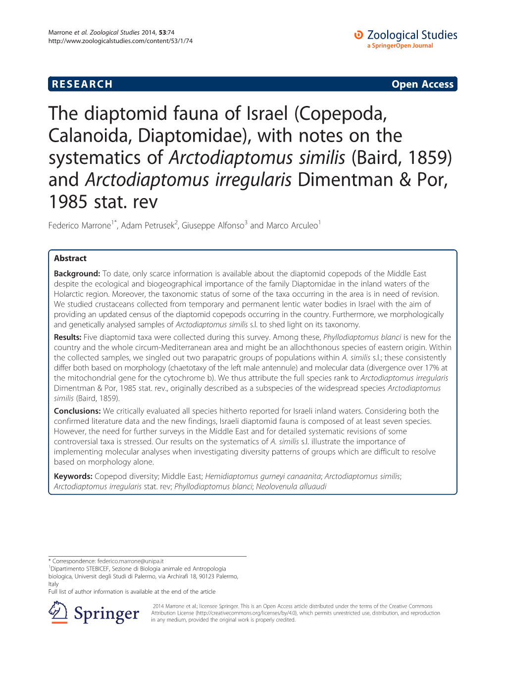 The Diaptomid Fauna of Israel (Copepoda, Calanoida, Diaptomidae), with Notes on the Systematics of Arctodiaptomus Similis (Baird