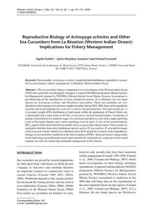 Reproductive Biology of Actinopyga Echinites and Other Sea Cucumbers from La Réunion (Western Indian Ocean): Implications for Fishery Management