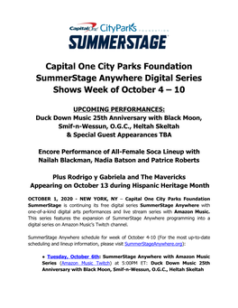 Capital One City Parks Foundation Summerstage Anywhere Digital Series Shows Week of October 4 – 10