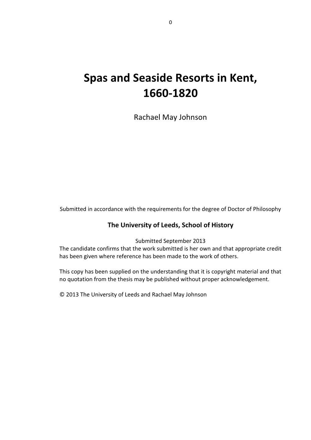 Spas and Seaside Resorts in Kent, 1660-1820