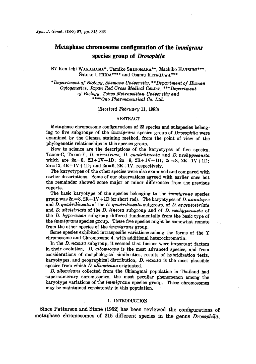 Metaphase Chromosome Configuration of the Immigrans Species Group of Drosophila