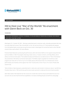 XM to Host Live "War of the Worlds" Re-Enactment with Glenn Beck on Oct