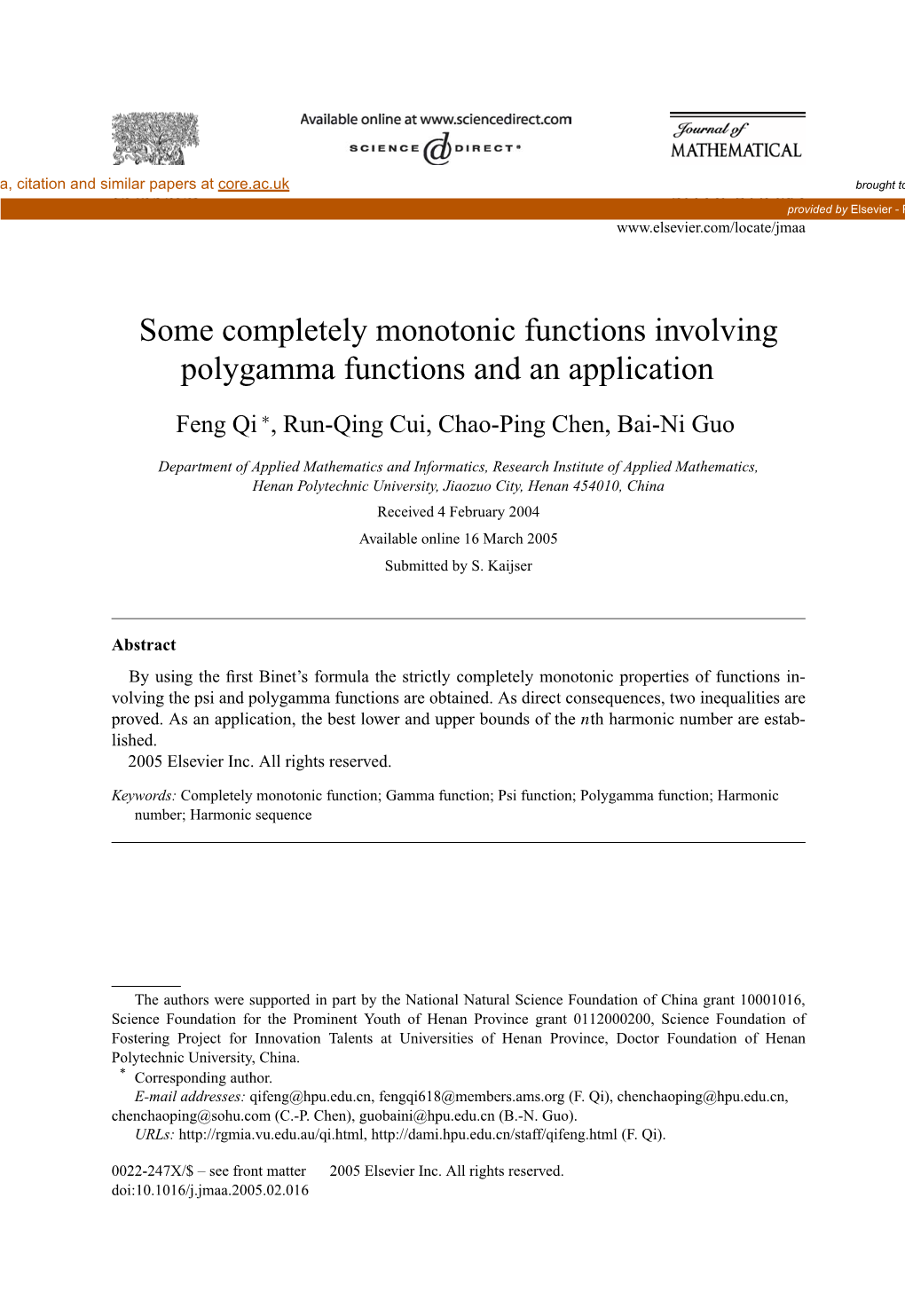 Some Completely Monotonic Functions Involving Polygamma Functions and an Application ✩