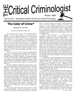 The Color of Crime* Codes to Jim Crow Legislation, Establish a Clear Link to the Operation of Today's Criminal Justice System