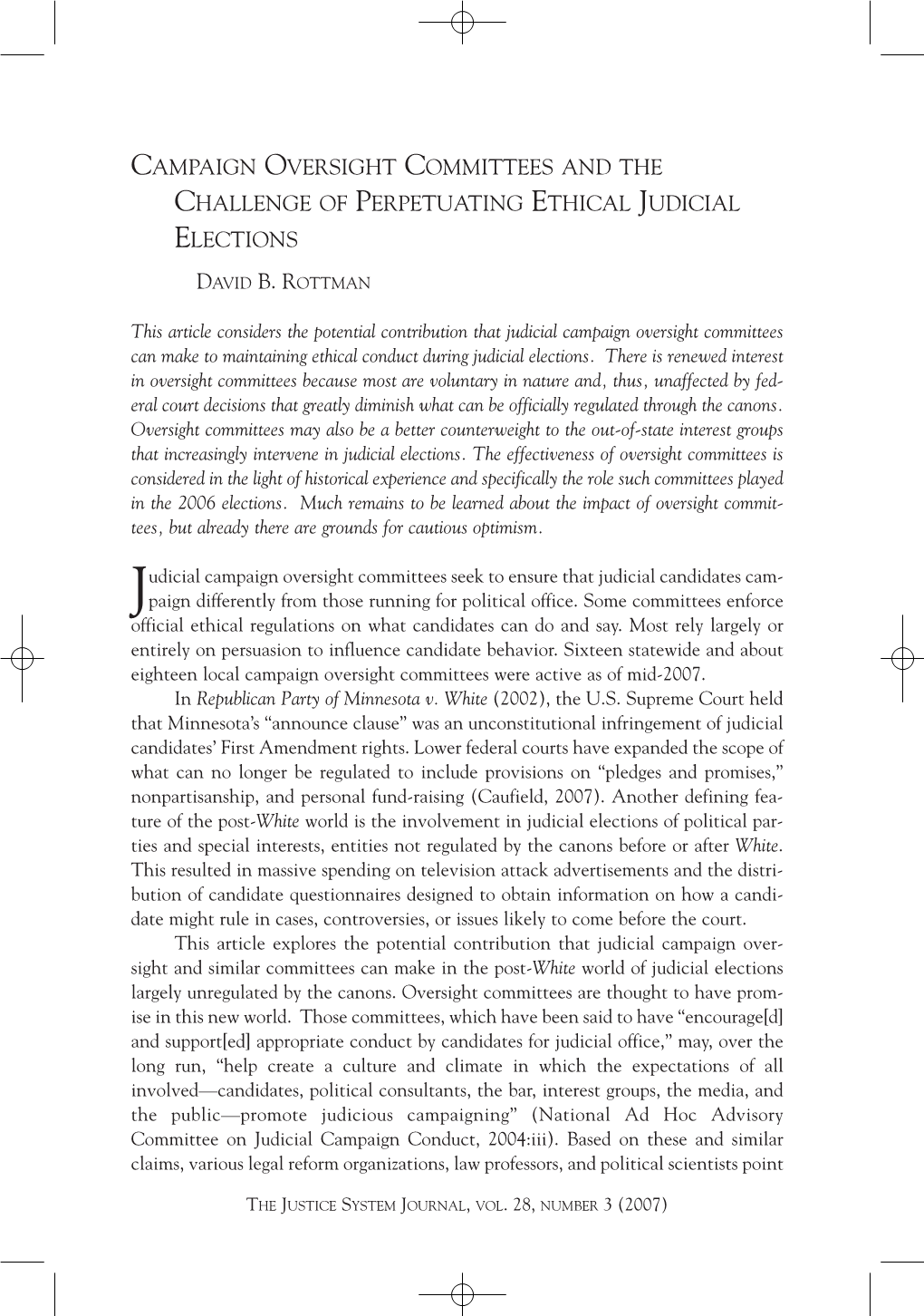 Campaign Oversight Committees and the Challenge of Perpetuating Ethical Judicial Elections