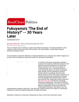 Fukuyama's 'The End of History?' -- 30 Years Later COMMENTARY