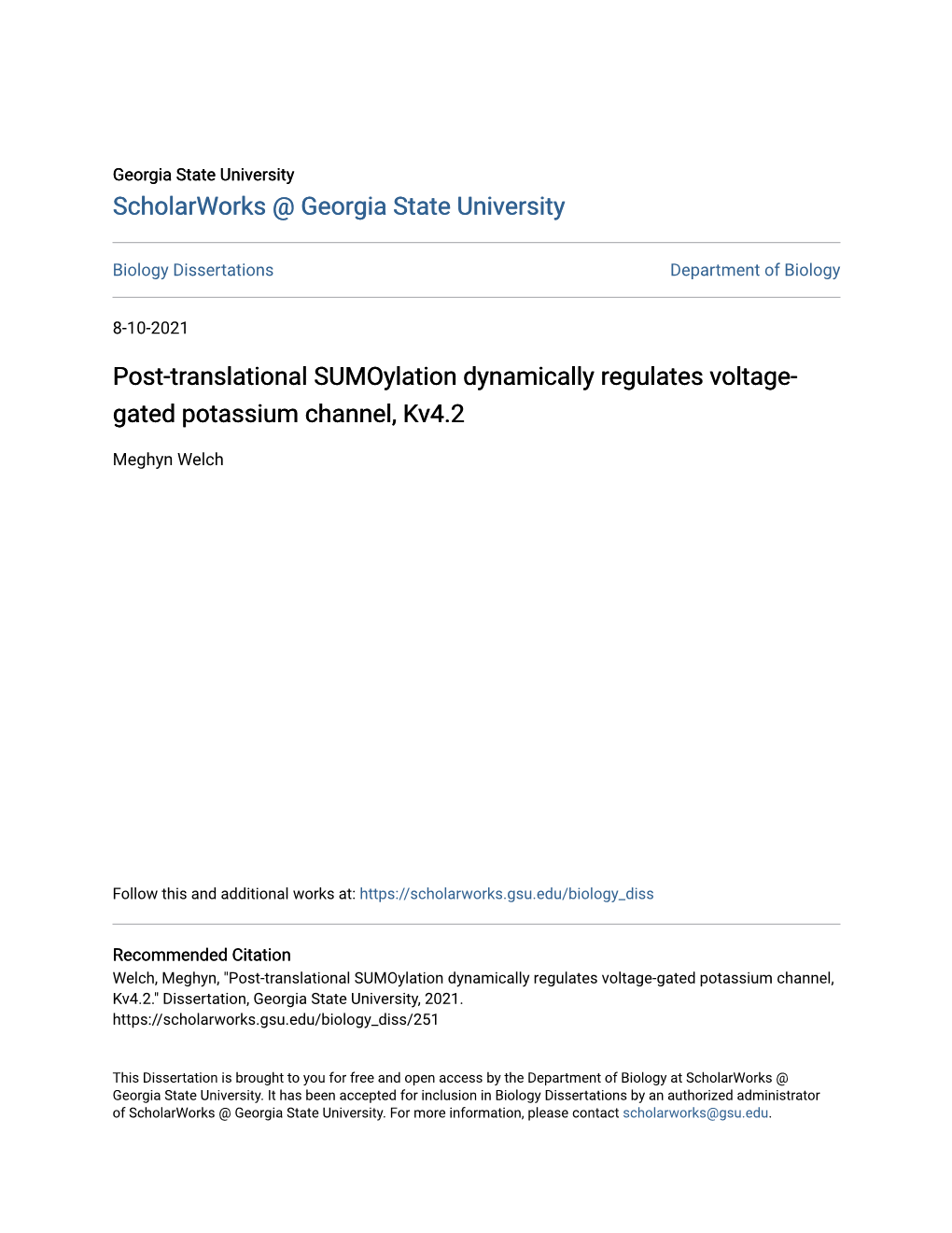 Post-Translational Sumoylation Dynamically Regulates Voltage- Gated Potassium Channel, Kv4.2