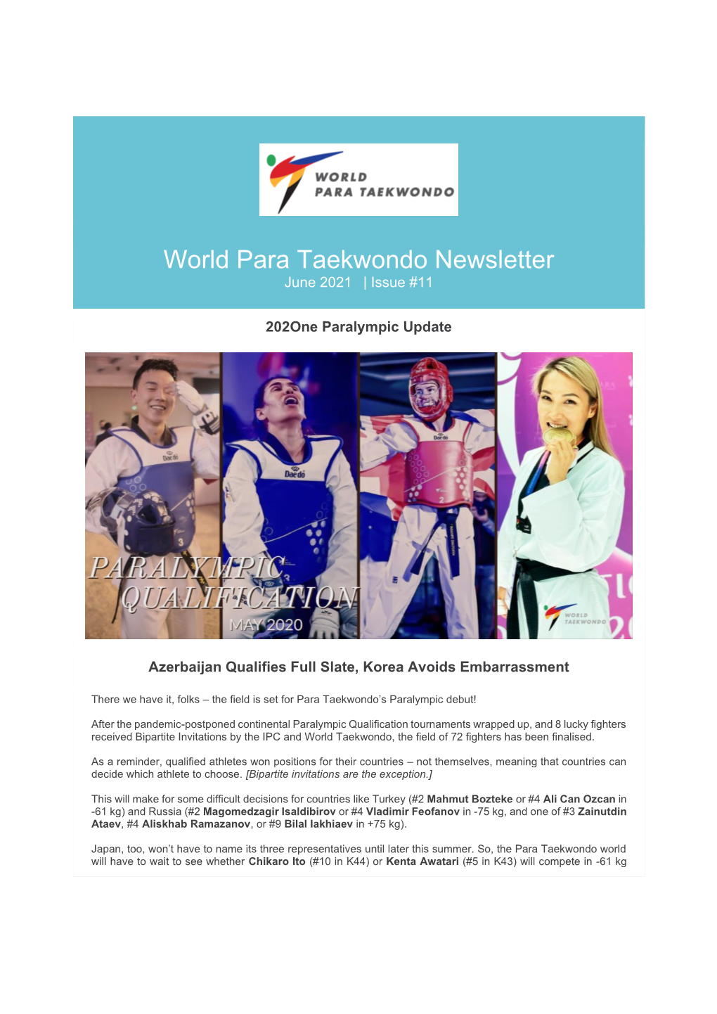 World Para Taekwondo Newsletter June 2021 | Issue #11