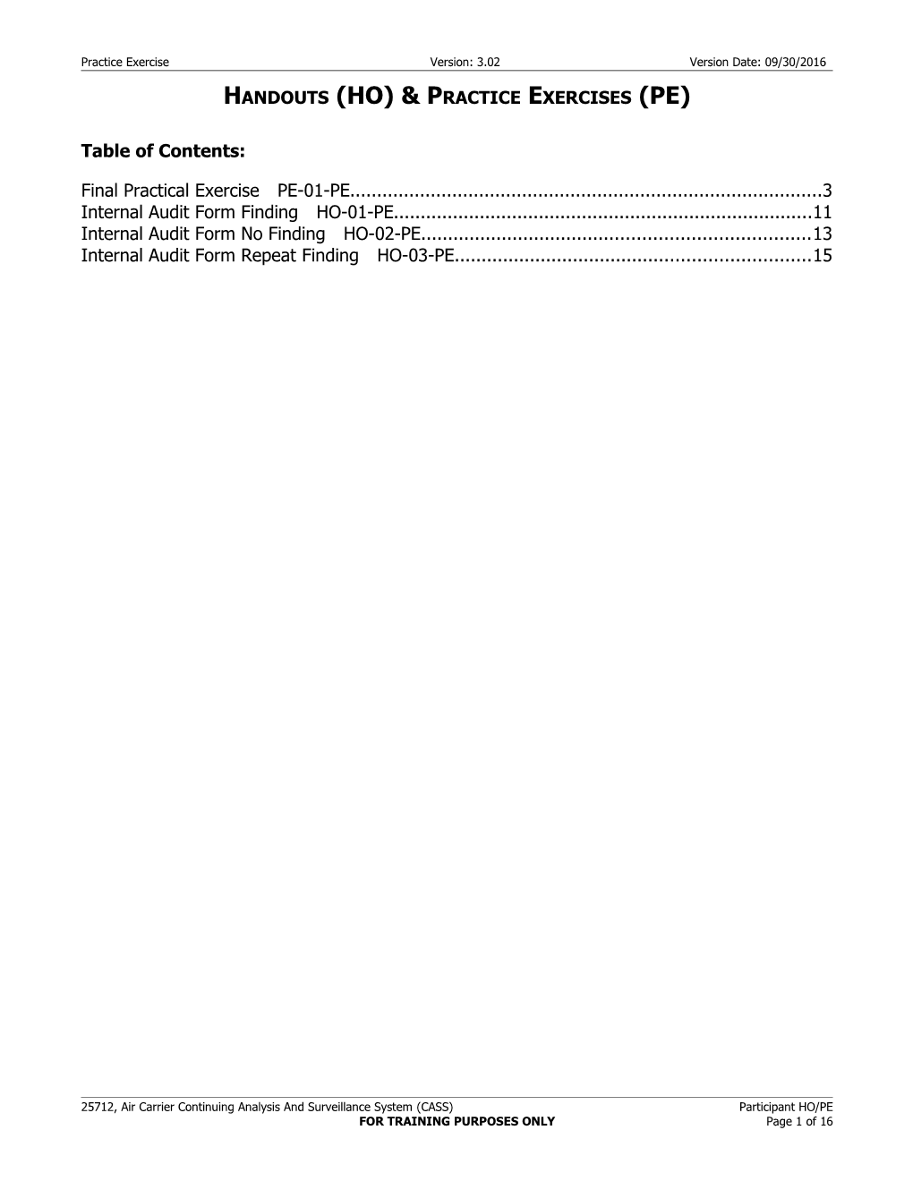 Handouts (Ho) & Practice Exercises (Pe)