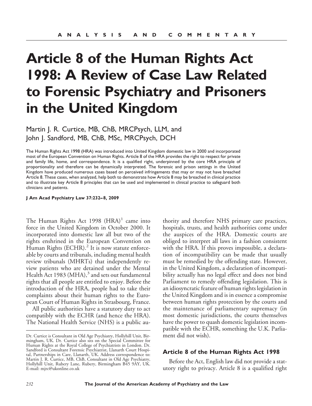 A Review of Case Law Related to Forensic Psychiatry and Prisoners in the United Kingdom