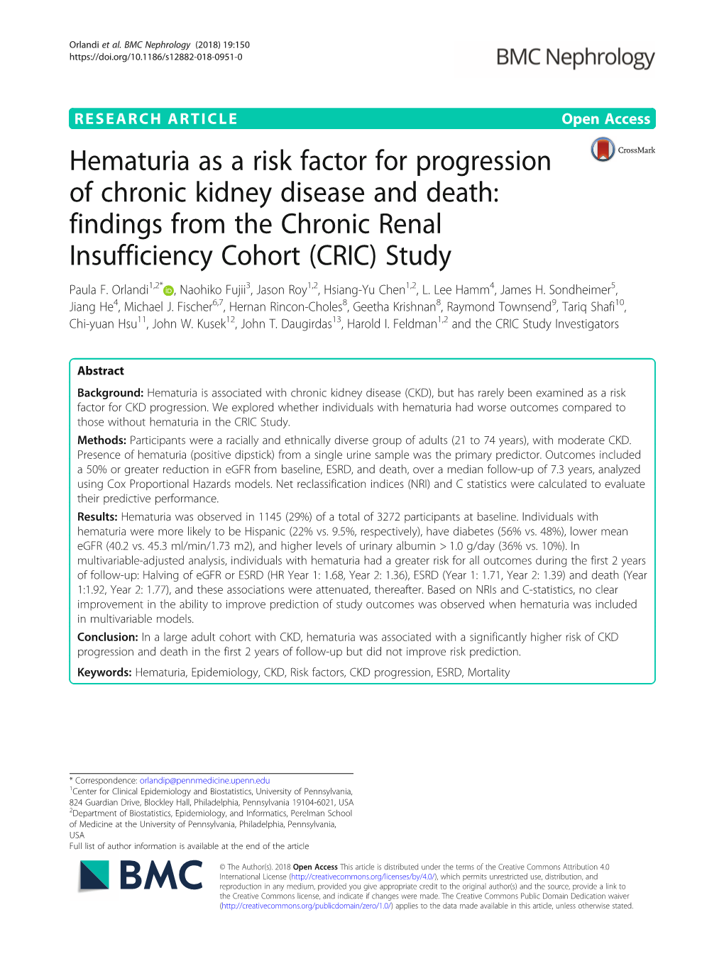 Hematuria As a Risk Factor for Progression of Chronic Kidney Disease and Death: Findings from the Chronic Renal Insufficiency Cohort (CRIC) Study Paula F