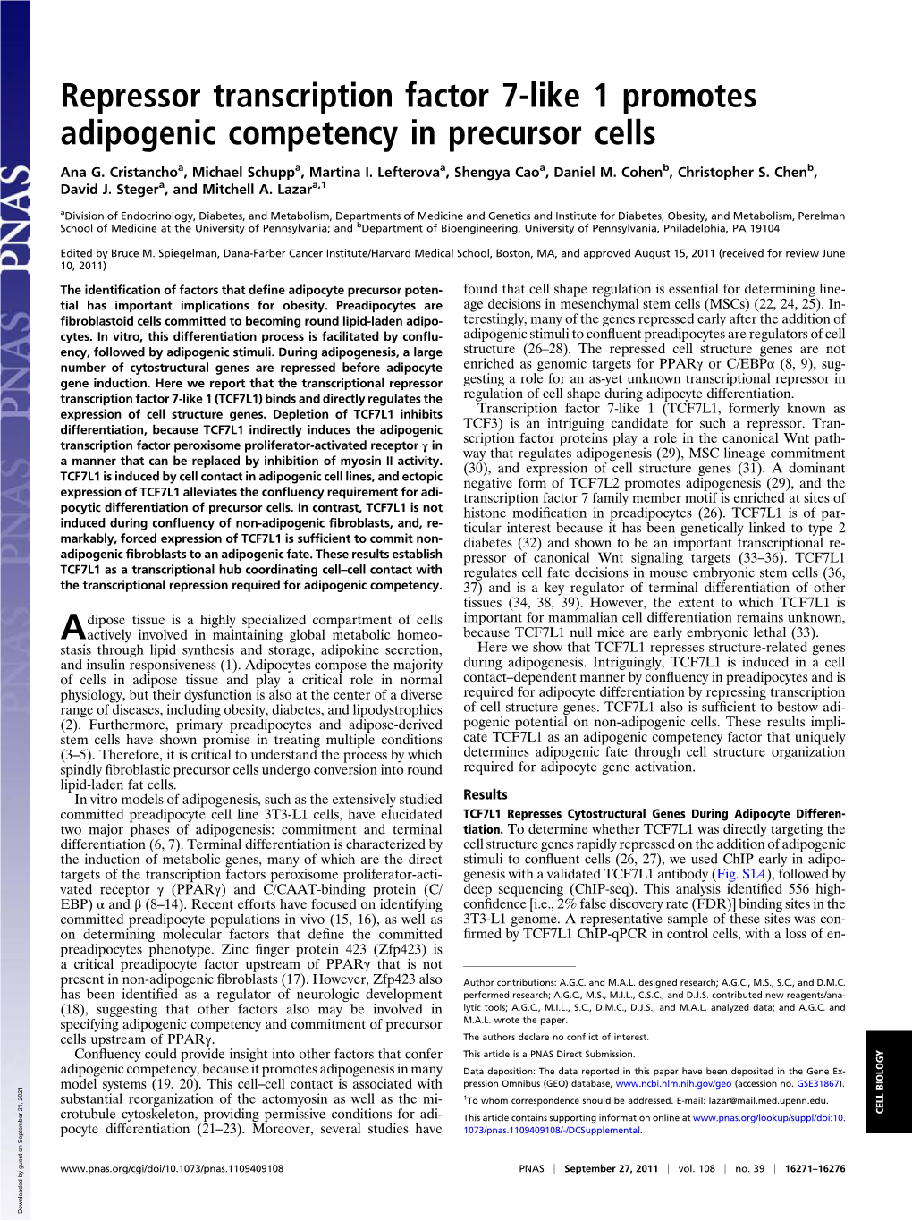 Repressor Transcription Factor 7-Like 1 Promotes Adipogenic Competency in Precursor Cells