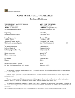 POPOL VUH: LITERAL TRANSLATION by Allen J