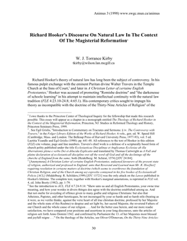Richard Hooker's Discourse on Natural Law in the Context of the Magisterial Reformation1