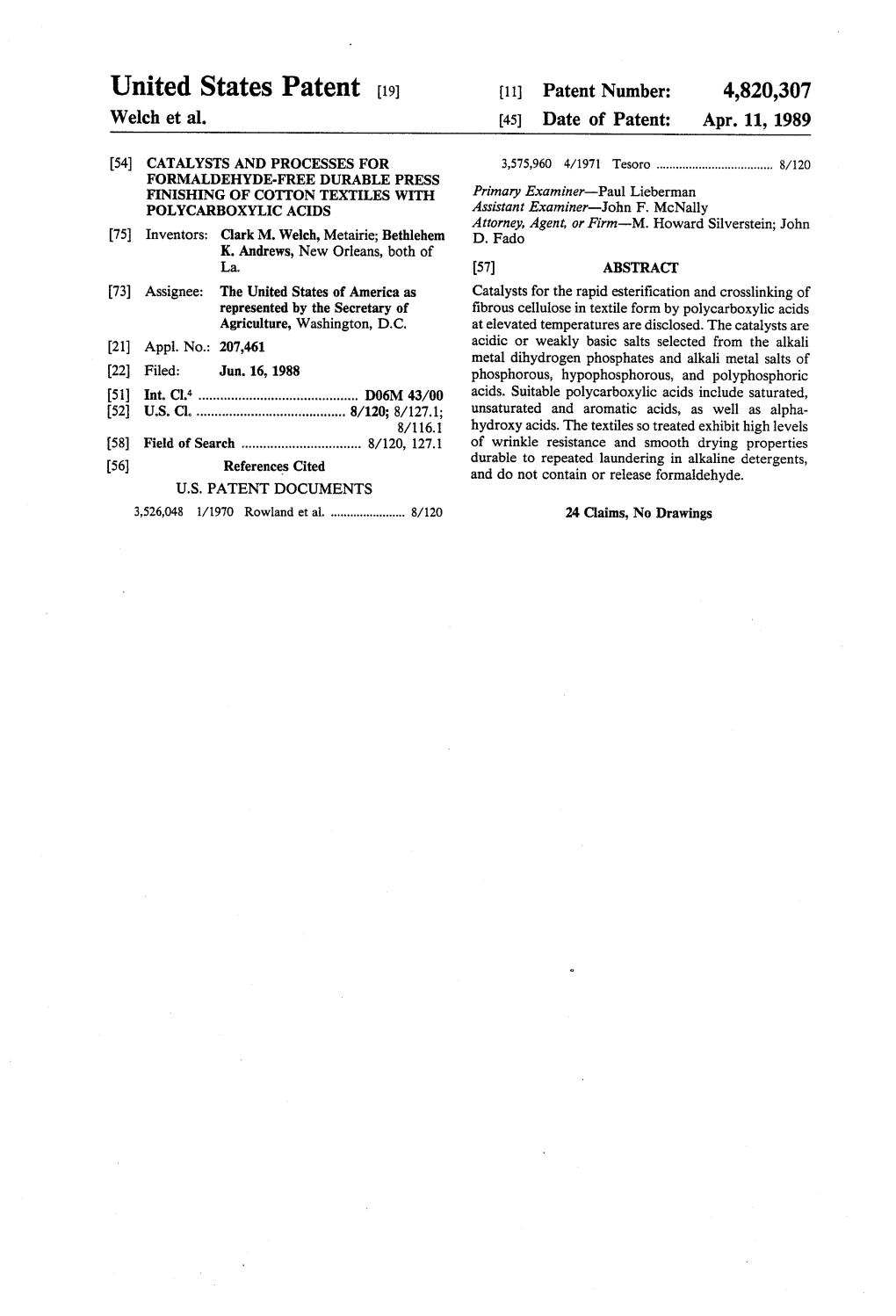 United States Patent (19) 11 Patent Number: 4,820,307 Welch Et Al