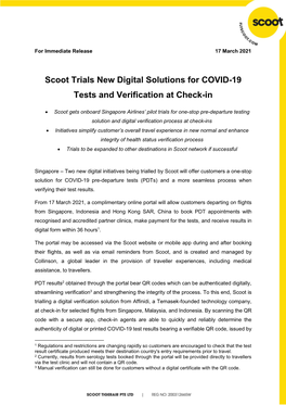 Scoot Trials New Digital Solutions for COVID-19 Tests and Verification at Check-In