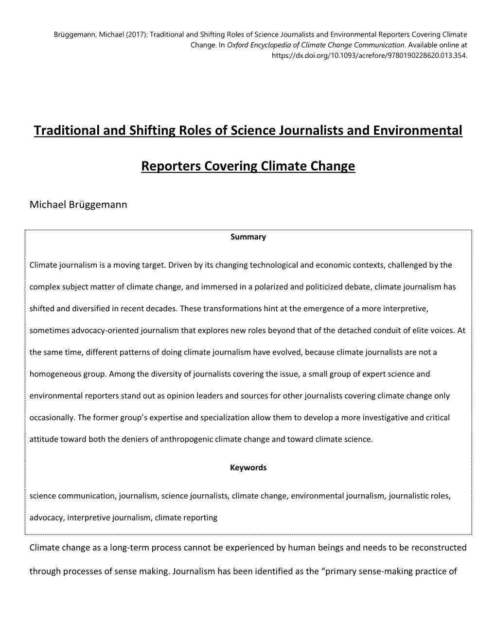 Traditional and Shifting Roles of Science Journalists and Environmental Reporters Covering Climate Change