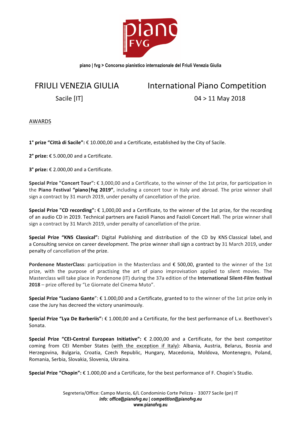 FRIULI VENEZIA GIULIA International Piano Competition Sacile [IT] 04 > 11 May 2018