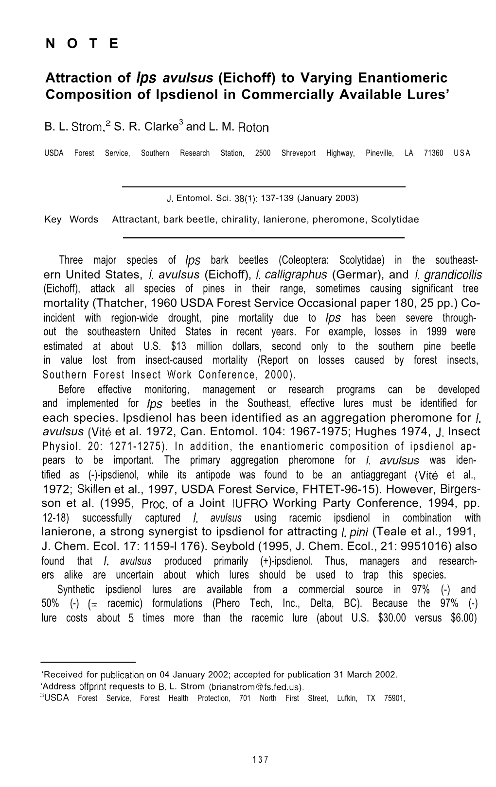 NOTE Attraction of Ips Avulsus (Eichoff)