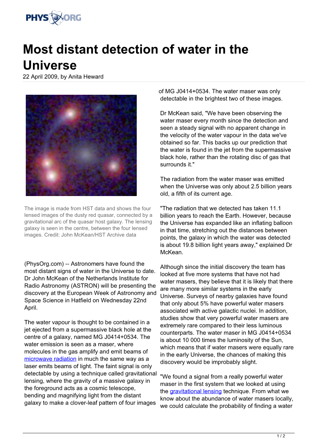 Most Distant Detection of Water in the Universe 22 April 2009, by Anita Heward