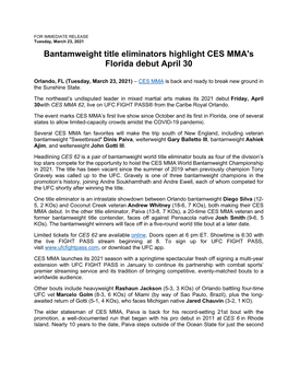 Bantamweight Title Eliminators Highlight CES MMA's Florida Debut April 30