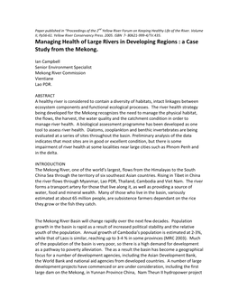 Establishing River Health Monitoring in Large Rivers in Developing Regions : a Case Study from the Mekong