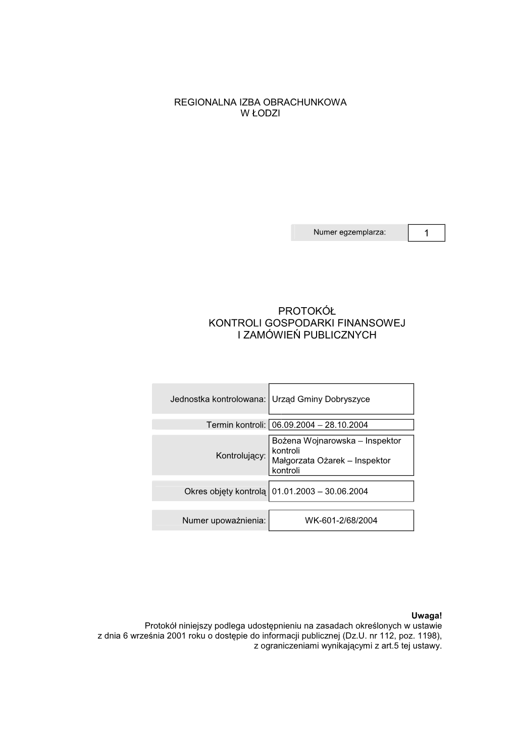 Protokół Kontroli Gospodarki Finansowej I Zamówie Ń Publicznych