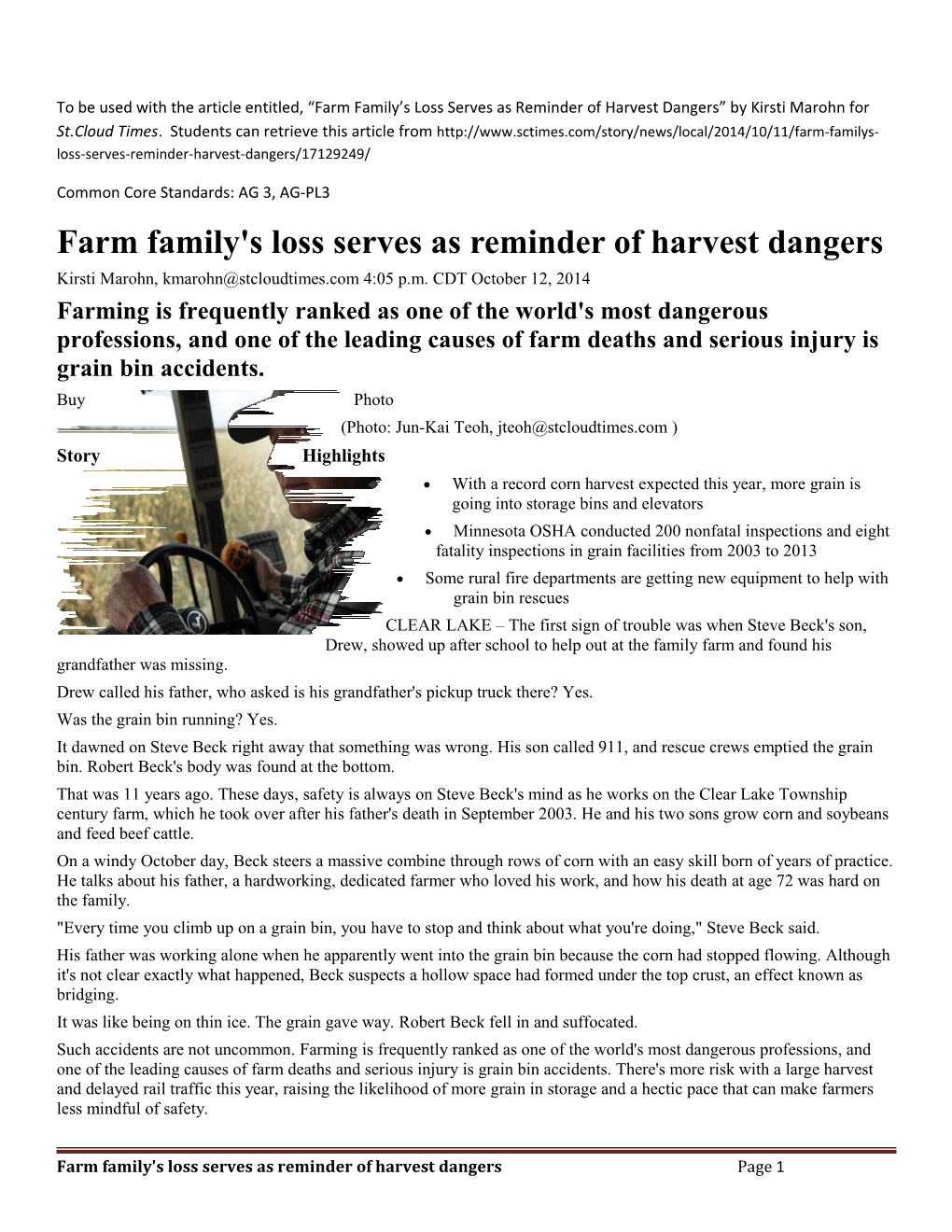 Farm Family's Loss Serves As Reminder of Harvest Dangers