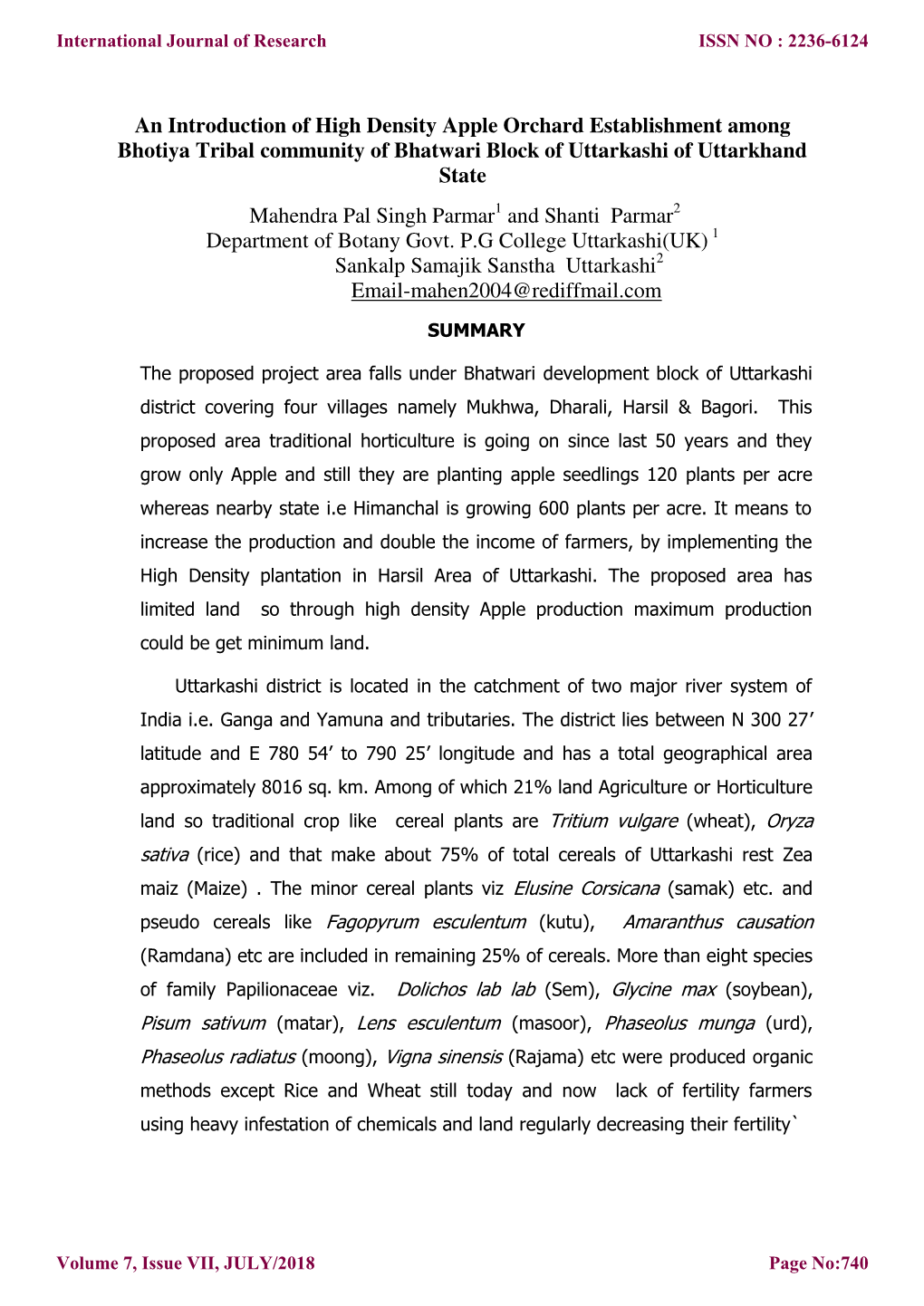 An Introduction of High Density Apple Orchard Establishment Among Bhotiya Tribal Community of Bhatwari Block of Uttarkashi of Uttarkhand State