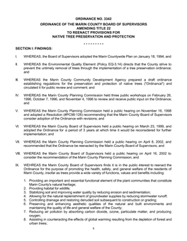 Ordinance No. 3342 Ordinance of the Marin County Board of Supervisors Amending Title 22 to Reenact Provisions for Native Tree Preservation and Protection