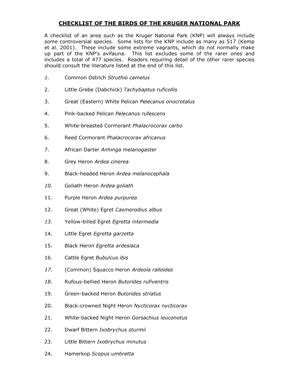 Checklist of the Birds of the Kruger National Park - DocsLib