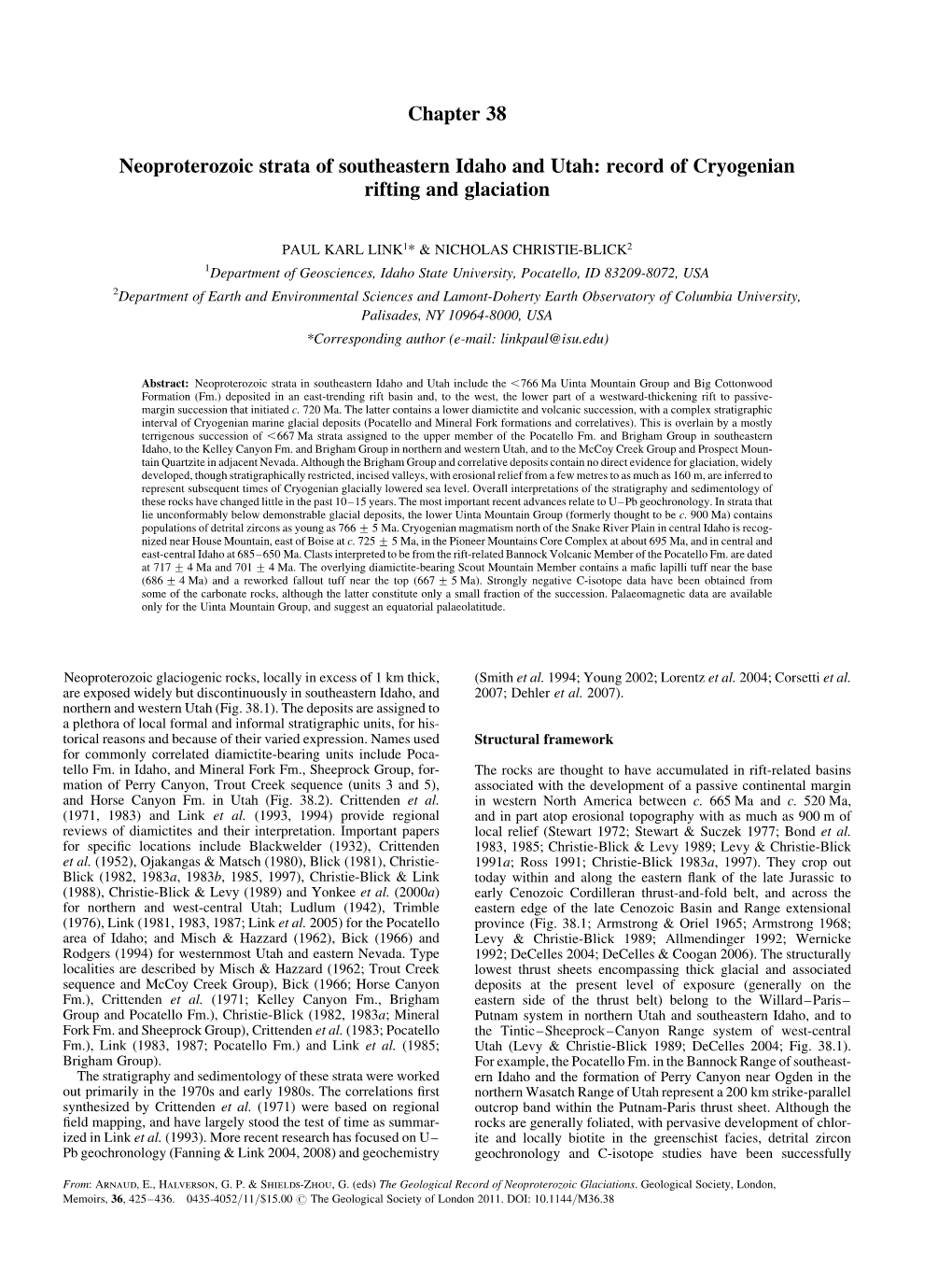 Chapter 38 Neoproterozoic Strata of Southeastern Idaho and Utah