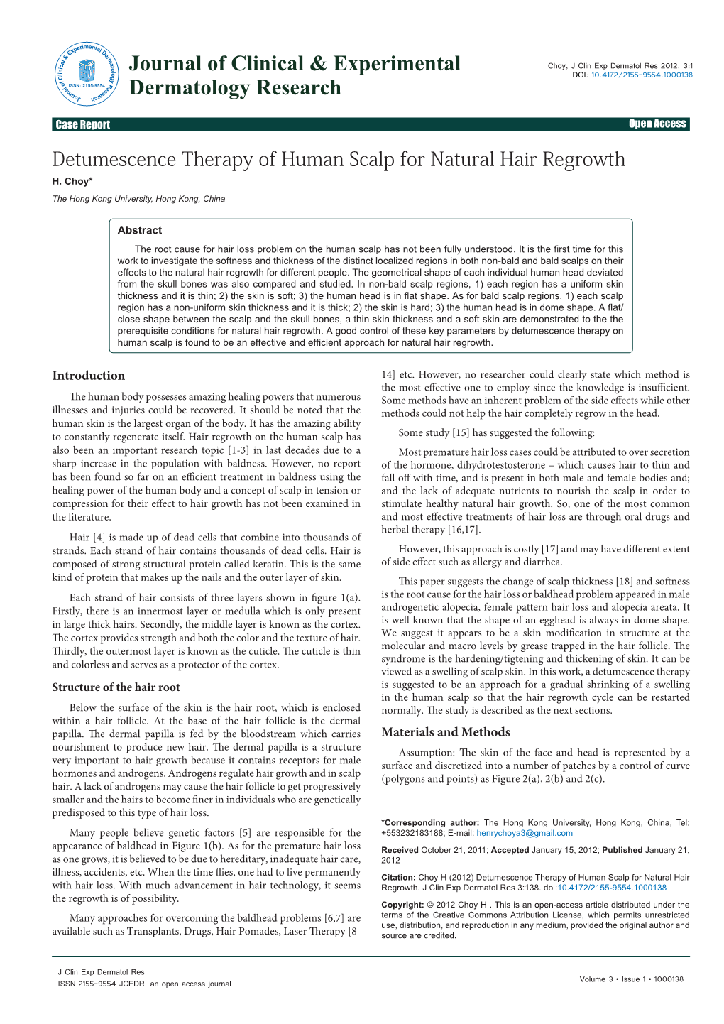 Detumescence Therapy of Human Scalp for Natural Hair Regrowth H