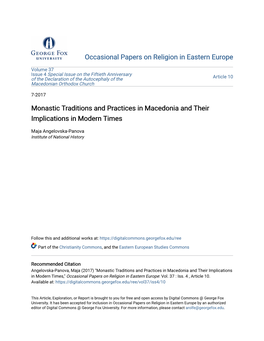 Monastic Traditions and Practices in Macedonia and Their Implications in Modern Times
