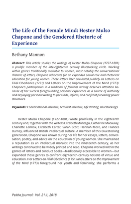 The Life of the Female Mind: Hester Mulso Chapone and the Gendered Rhetoric of Experience