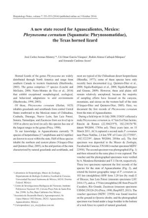 A New State Record for Aguascalientes, Mexico: Phrynosoma Cornutum (Squamata: Phrynosomatidae), the Texas Horned Lizard