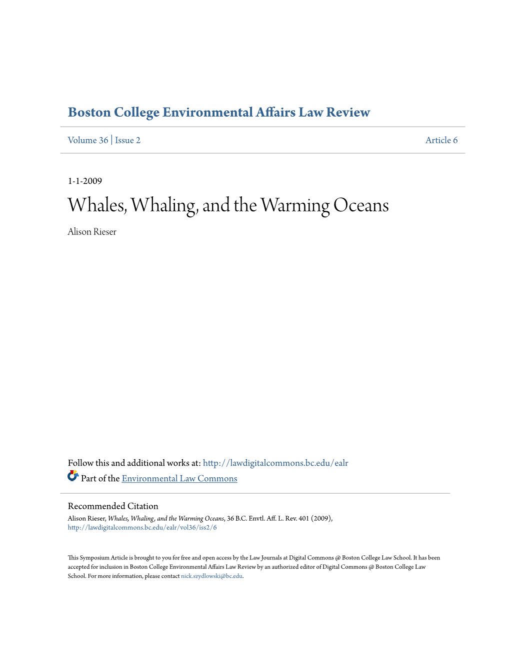 Whales, Whaling, and the Warming Oceans Alison Rieser
