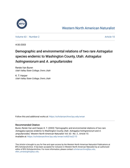 Demographic and Environmental Relations of Two Rare Astragalus Species Endemic to Washington County, Utah: Astragalus Holmgreniorum and A