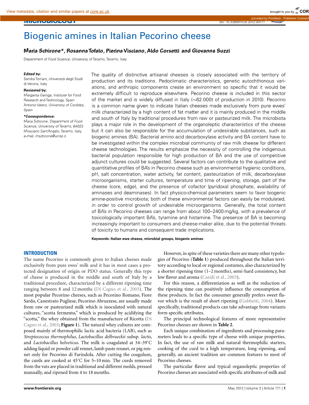 Biogenic Amines in Italian Pecorino Cheese