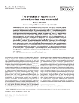 The Evolution of Regeneration – Where Does That Leave Mammals? MALCOLM MADEN*