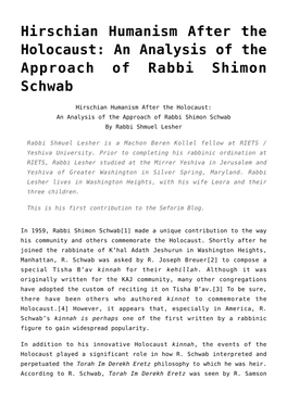 Hirschian Humanism After the Holocaust: an Analysis of the Approach of Rabbi Shimon Schwab