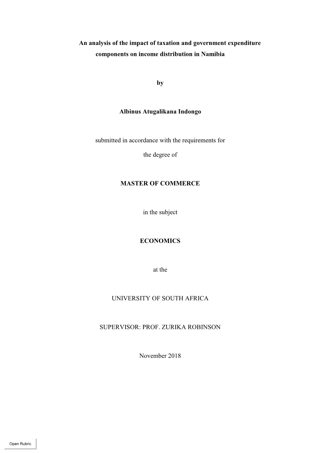 An Analysis of the Impact of Taxation and Government Expenditure Components on Income Distribution in Namibia by Albinus Atugali