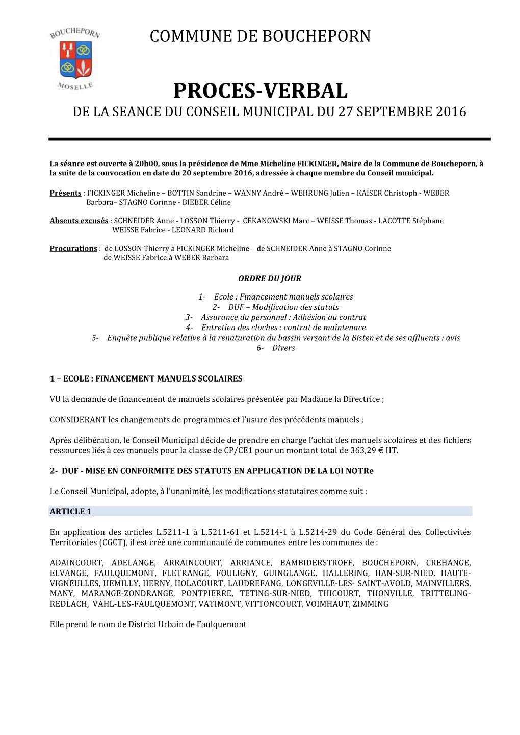 Proces-Verbal De La Seance Du Conseil Municipal Du 27 Septembre 2016