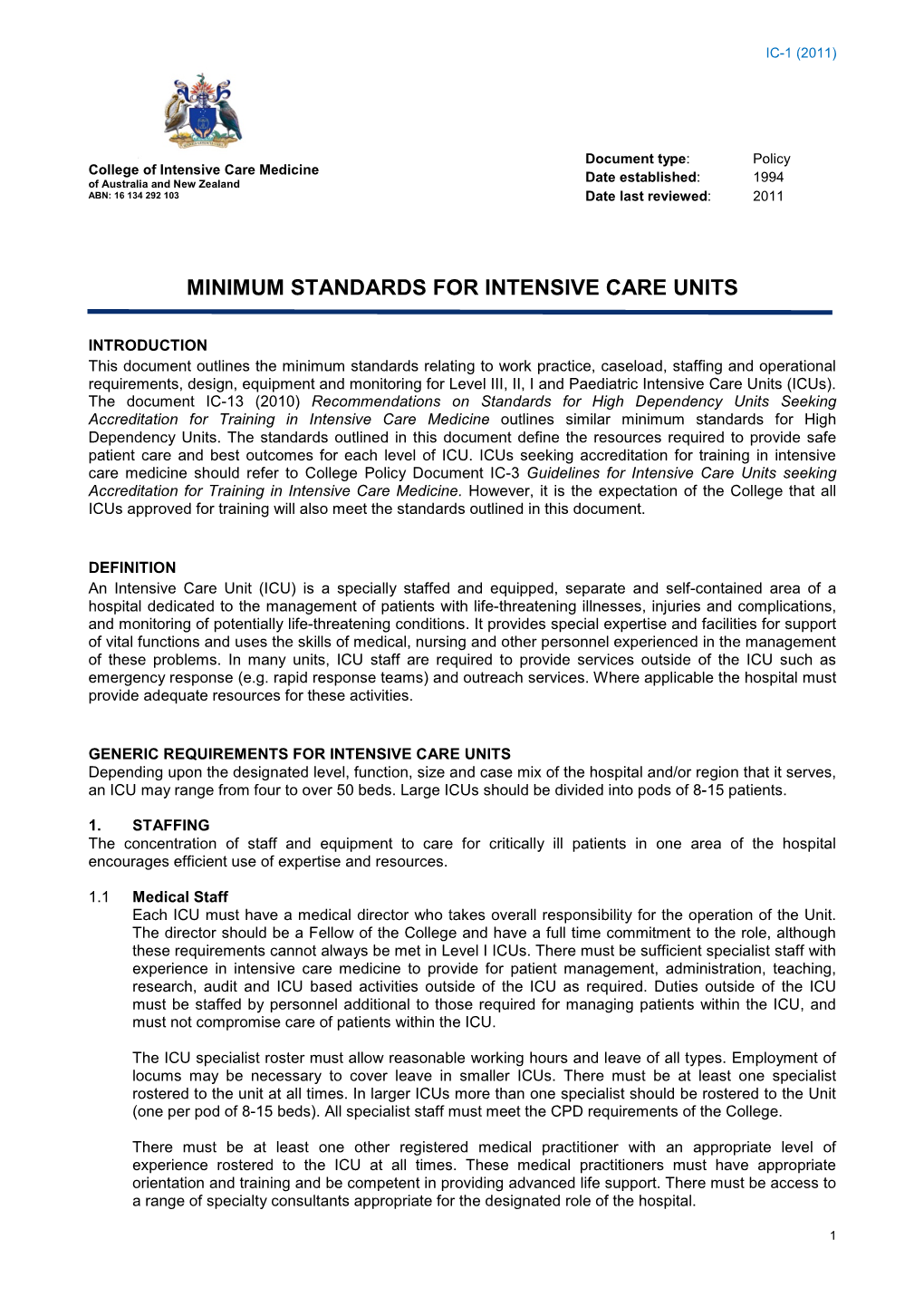 Minimum Standards for Intensive Care Units