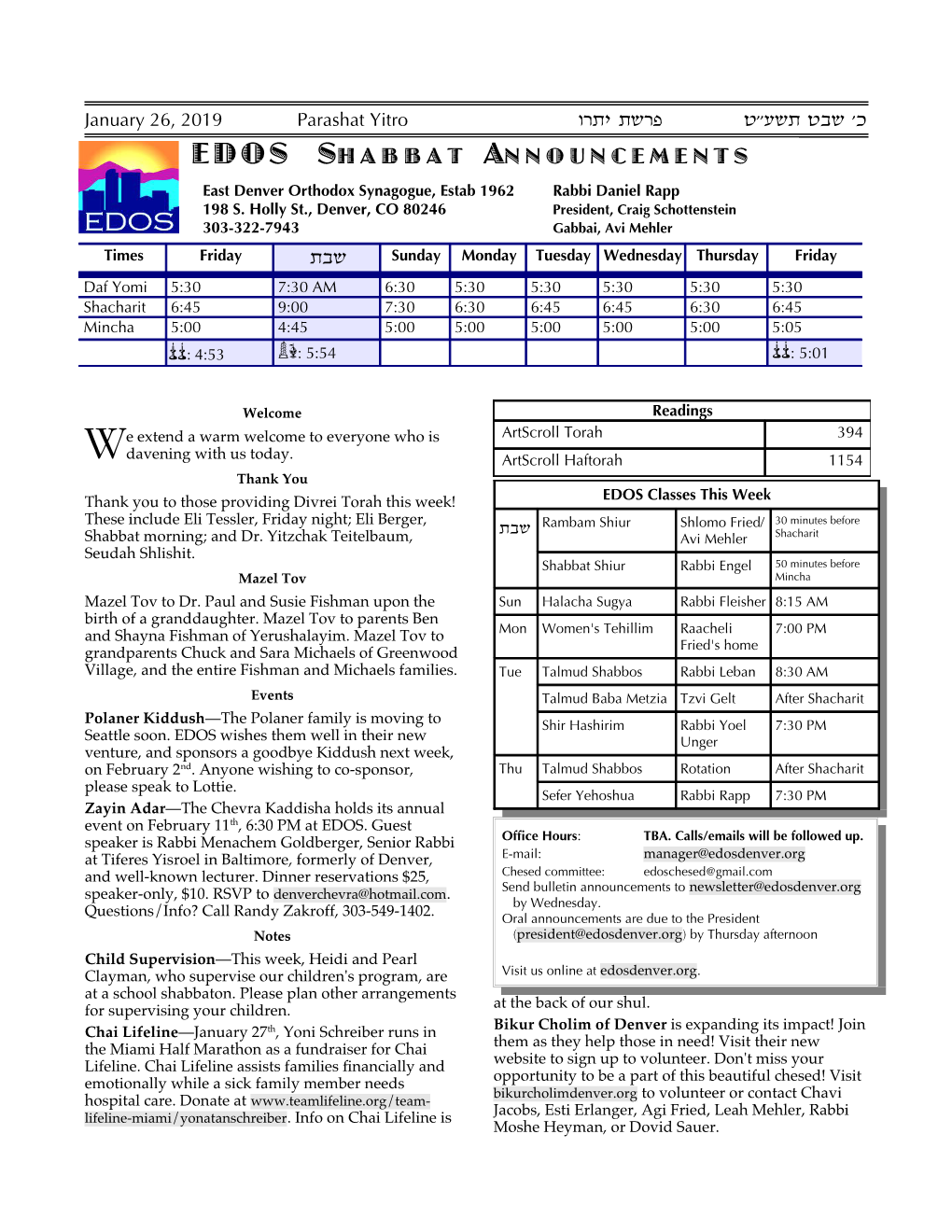 EDOS SHABBAT ANNOUNCEMENTS East Denver Orthodox Synagogue, Estab 1962 Rabbi Daniel Rapp 198 S