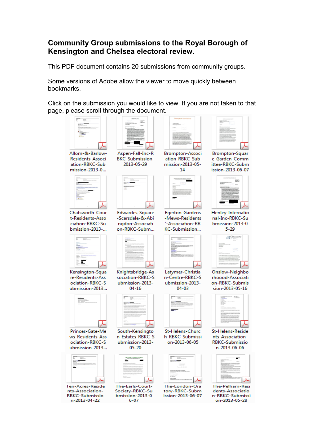 Community Group Submissions to the Royal Borough of Kensington and Chelsea Electoral Review