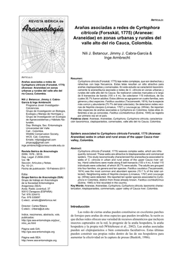 Arañas Asociadas a Redes De Cyrtophora Citricola (Forsskål, 1775) (Araneae: Araneidae) En Zonas Urbanas Y Rurales Del Valle Alto Del Río Cauca, Colombia