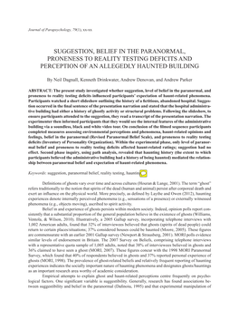 Suggestion, Belief in the Paranormal, Proneness to Reality Testing Deficits and Perception of an Allegedly Haunted Building