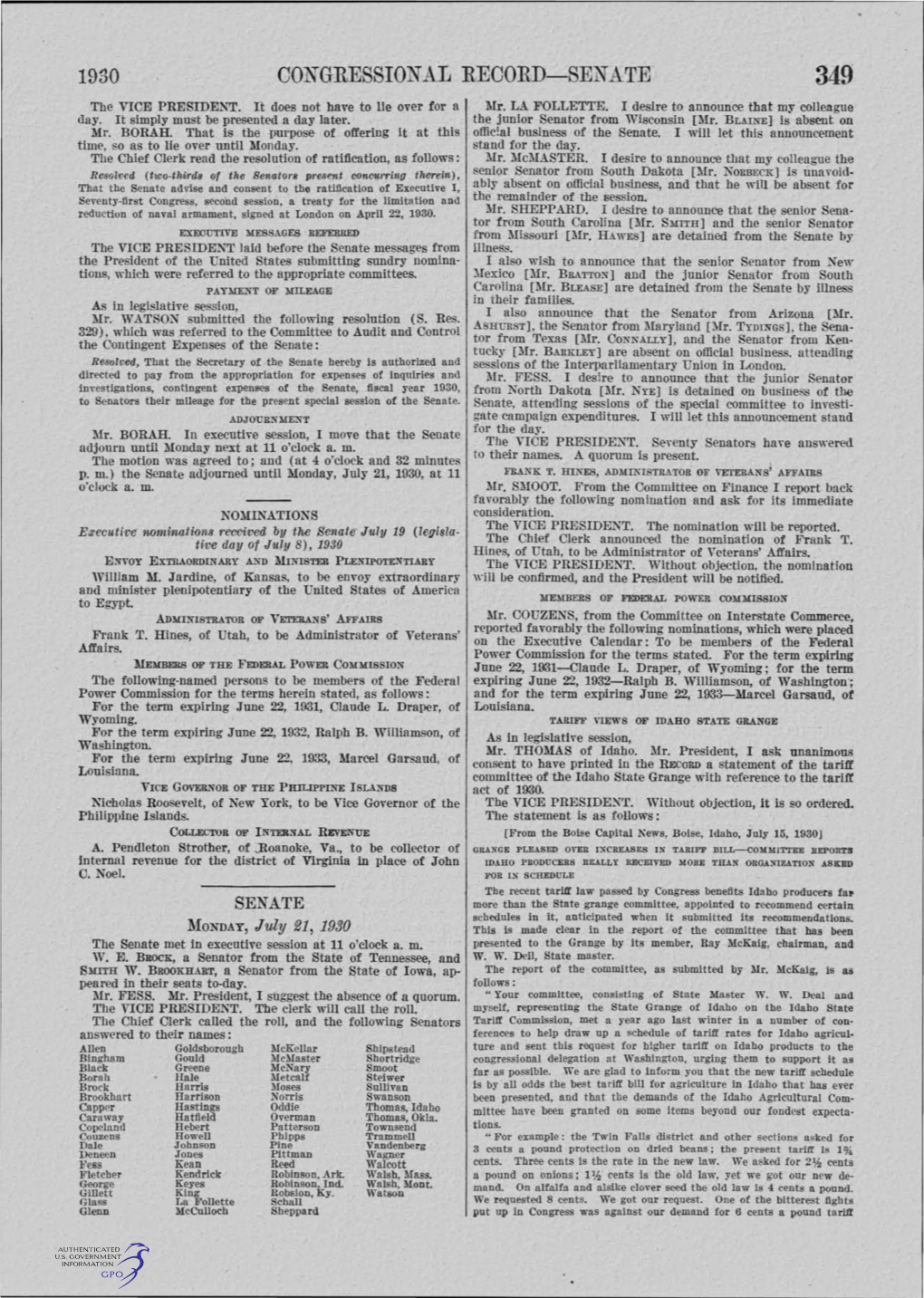 CONGRESSIONAL RECORD-SENATE 349 the VICE PRESIDENT