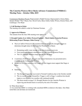 The Catawba-Wateree River Basin Advisory Commission (CWRBAC) Meeting Notes – October 30Th, 2015